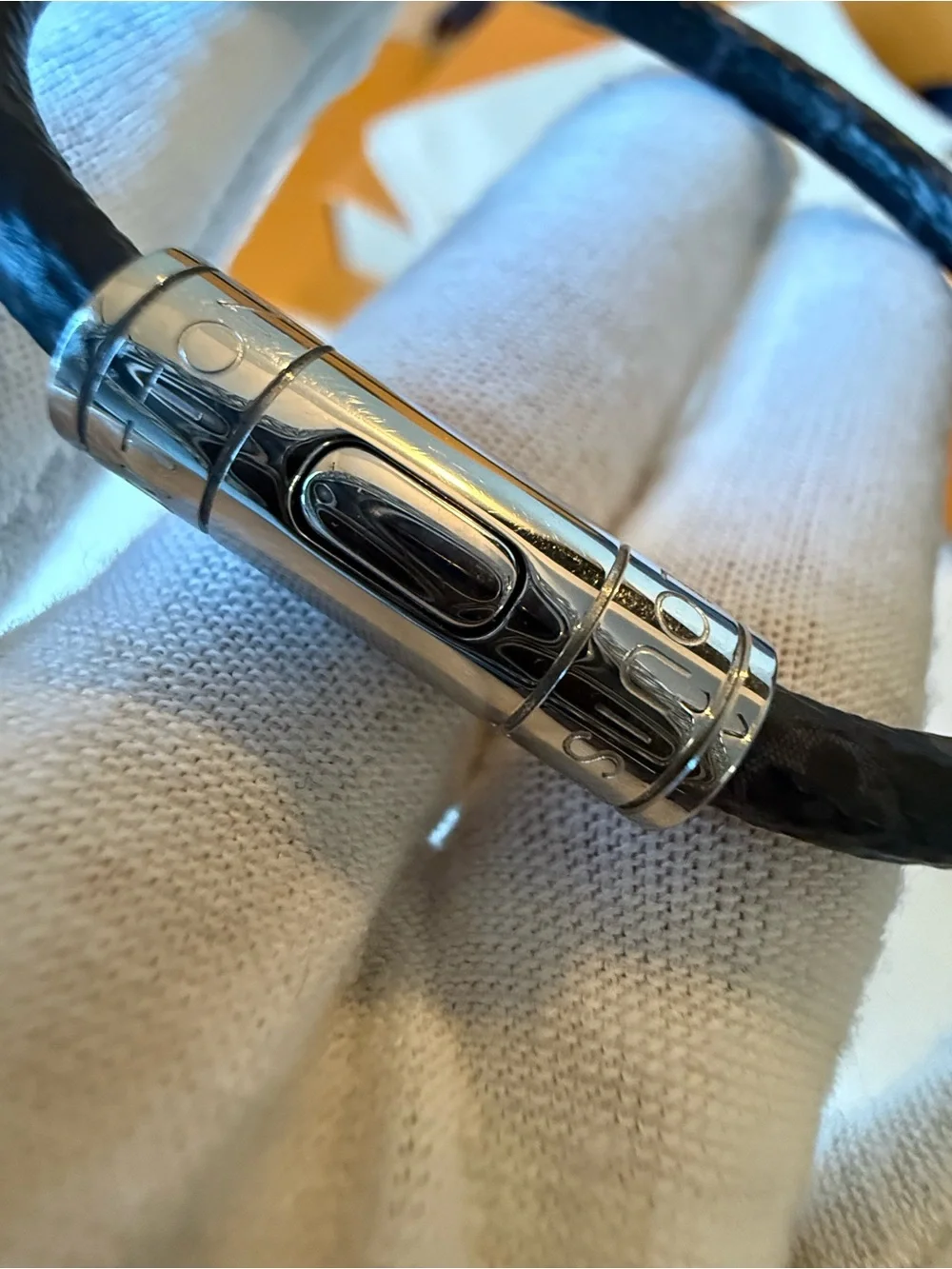 Louis Vuitton Navy Leather Bracelet with Silver-Tone Clasp